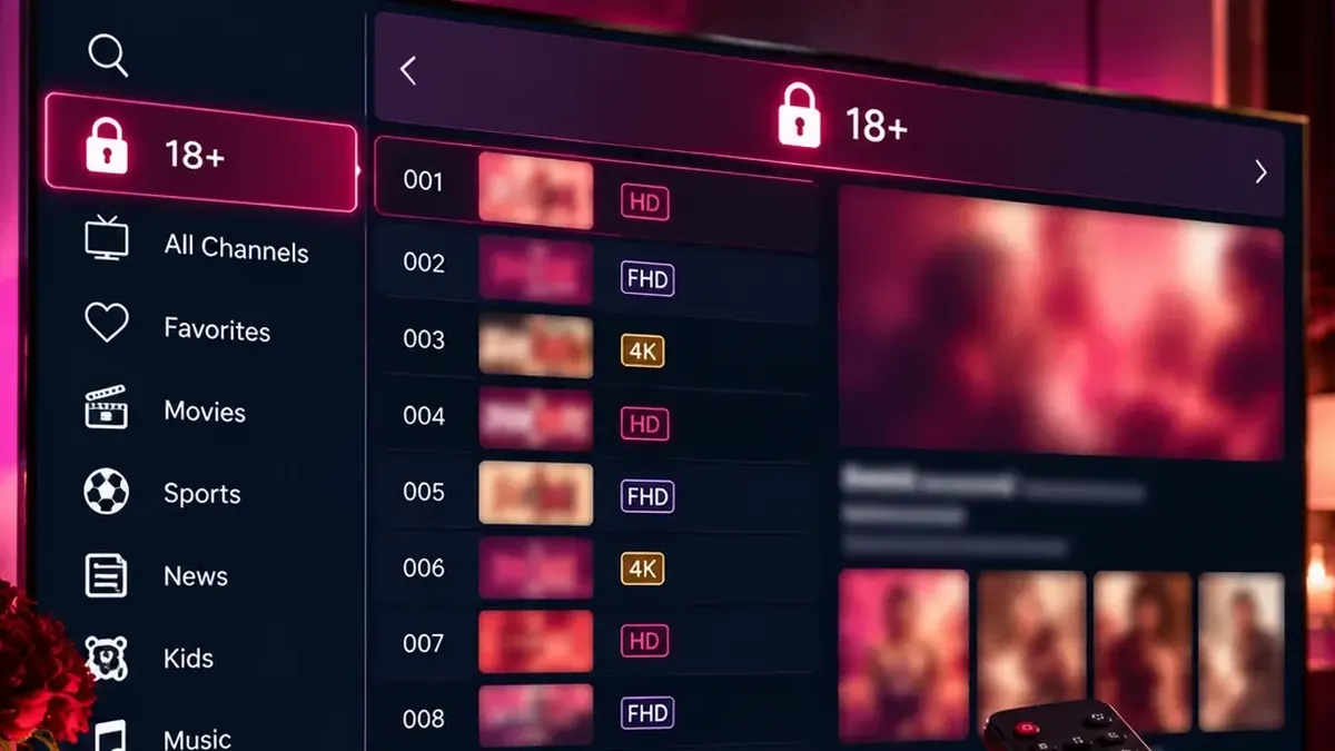 Bouquet IPTV +18 de l'offre IPTV adulte affiché dans une application sur Smart TV
