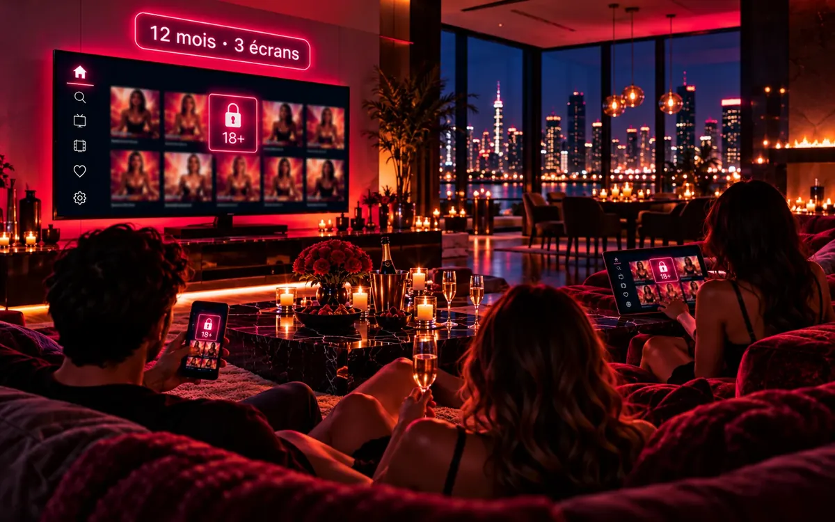 IPTV Adulte 12 mois 3 écrans sur une TV de salon, une tablette et un smartphone utilisés en même temps dans un foyer